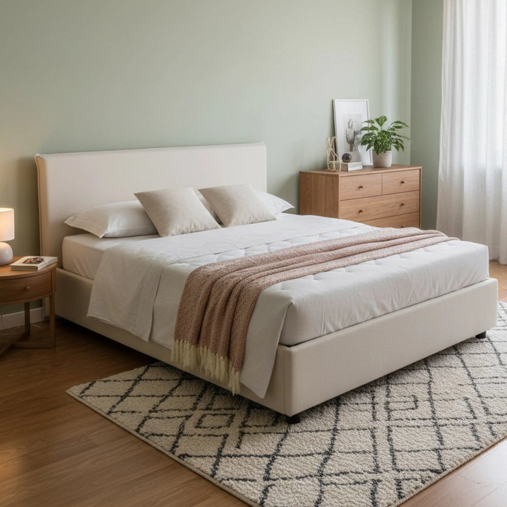 Letto matrimoniale Aros, Letto contenitore con rivestimento in tessuto, Made in Italy, Apertura frontale, con materasso cm 140x200 incluso, Beige