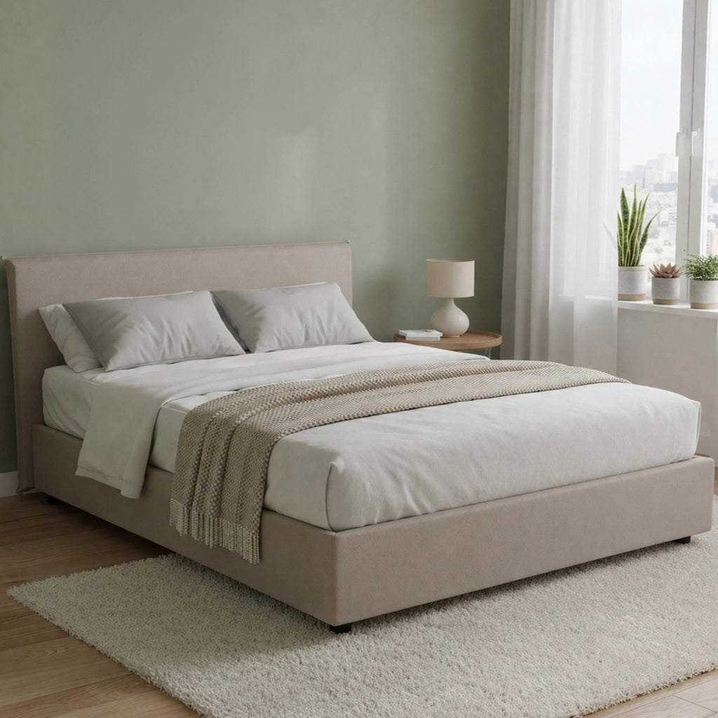 Letto matrimoniale Aros, Letto contenitore con rivestimento in tessuto, Made in Italy, Apertura frontale, con materasso cm 140x200 incluso, Tortora