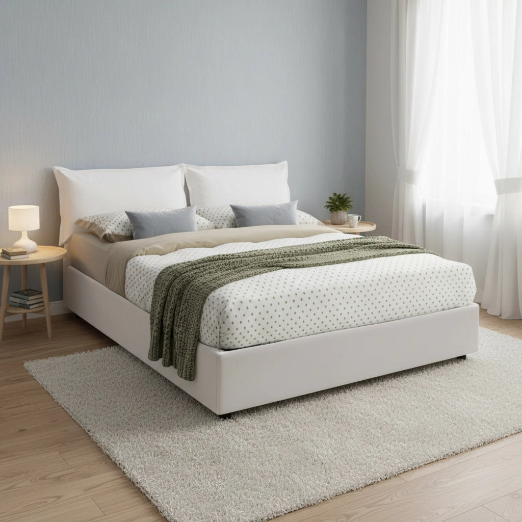 Letto matrimoniale Arry, Letto contenitore con rivestimento in ecopelle, Made in Italy, Apertura frontale, con materasso cm 140x200 incluso, Bianco