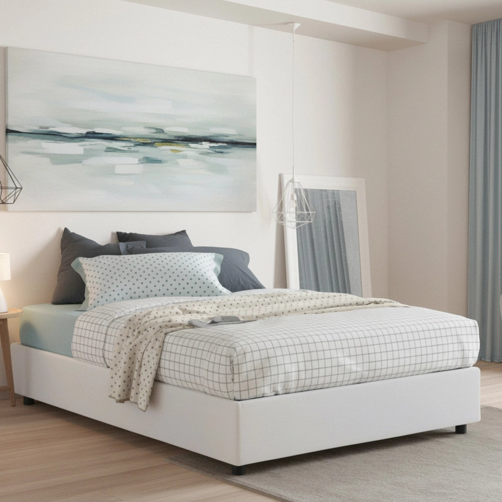 Letto matrimoniale Arto, Letto contenitore con rivestimento in tessuto, Made in Italy, Apertura frontale, con materasso cm 140x190 incluso, Bianco