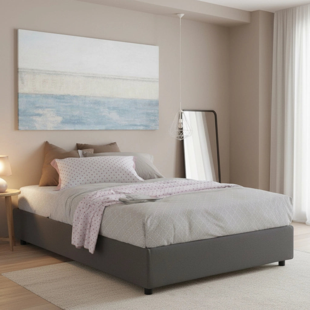 Letto matrimoniale Arto, Letto contenitore con rivestimento in tessuto, Made in Italy, Apertura frontale, con materasso cm 140x190 incluso, Grigio