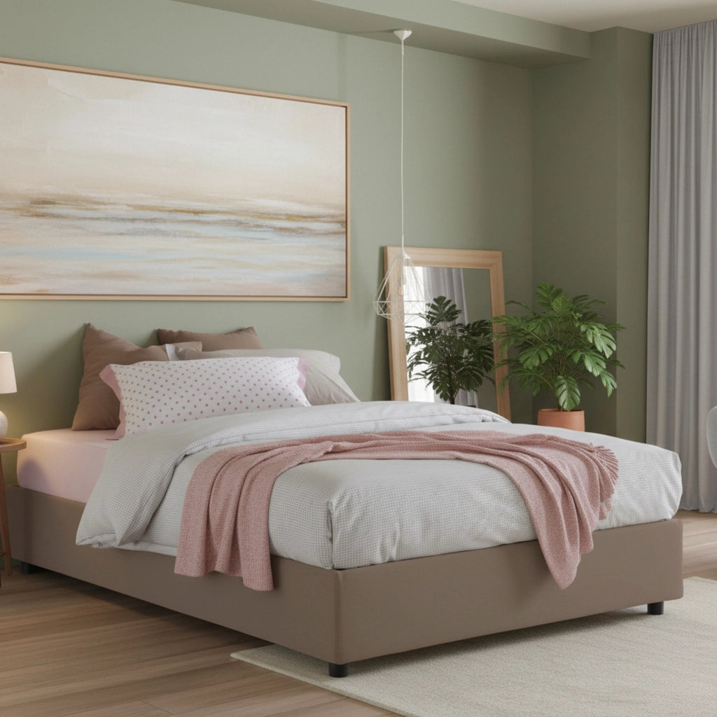 Letto matrimoniale Arto, Letto contenitore con rivestimento in tessuto, Made in Italy, Apertura frontale, con materasso cm 140x190 incluso, Tortora
