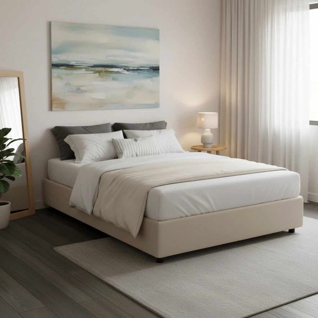 Letto matrimoniale Arto, Letto contenitore con rivestimento in tessuto, Made in Italy, Apertura frontale, con materasso cm 140x190 incluso, Beige