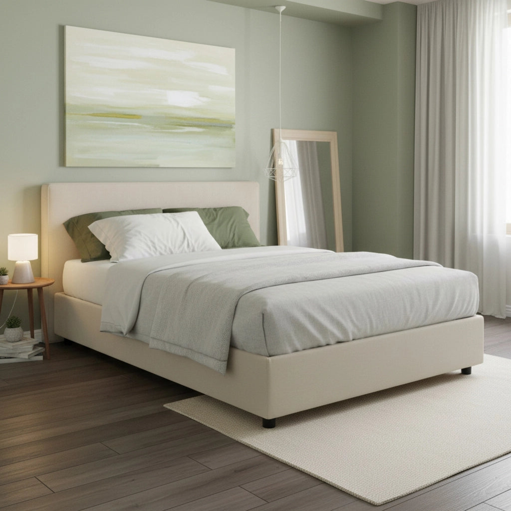 Letto matrimoniale Arvic, Letto contenitore con rivestimento in tessuto, Made in Italy, Apertura frontale, adatto per materasso cm 140x200, Beige