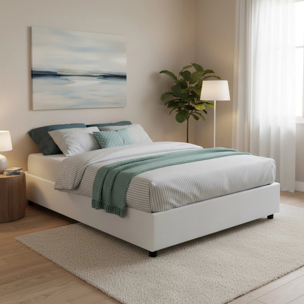 Letto matrimoniale Arvic, Letto contenitore con rivestimento in tessuto, Made in Italy, Apertura frontale, adatto per materasso cm 140x200, Bianco