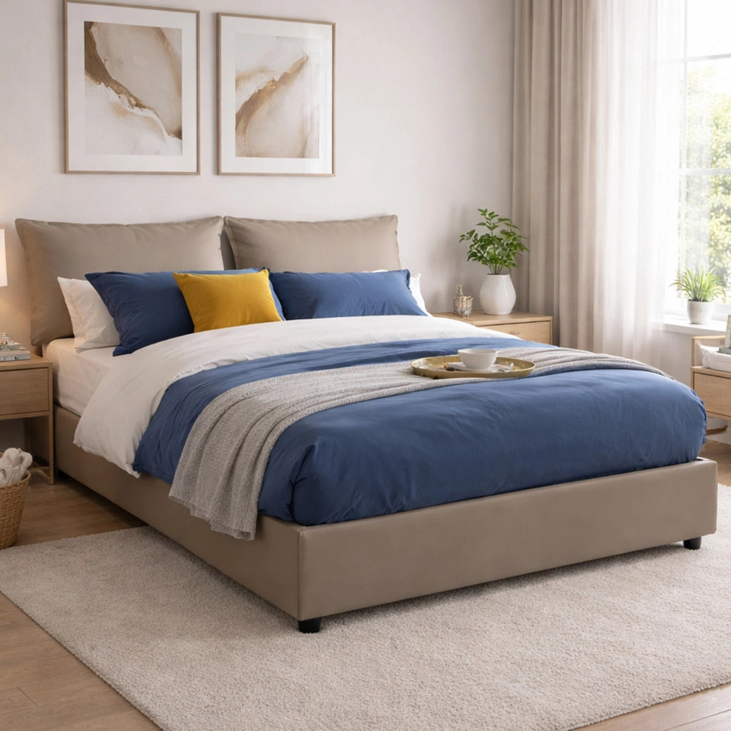 Letto matrimoniale Arzillo, Letto contenitore con rivestimento in ecopelle, Made in Italy, Apertura frontale, con materasso cm 140x190 incluso, Tortora