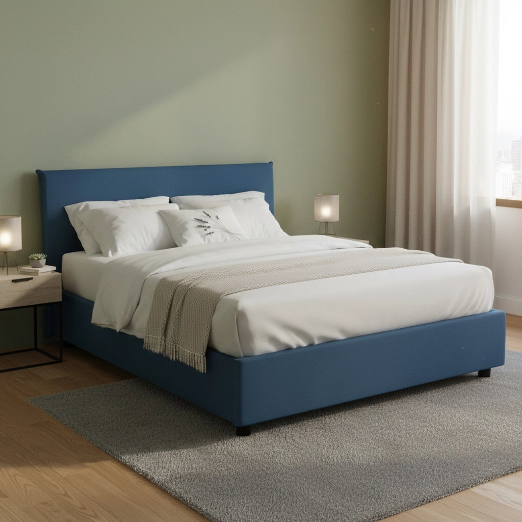 Letto matrimoniale Ashlee, Letto contenitore con rivestimento in tessuto, Made in Italy, Apertura frontale, adatto per materasso cm 160x190, Blu