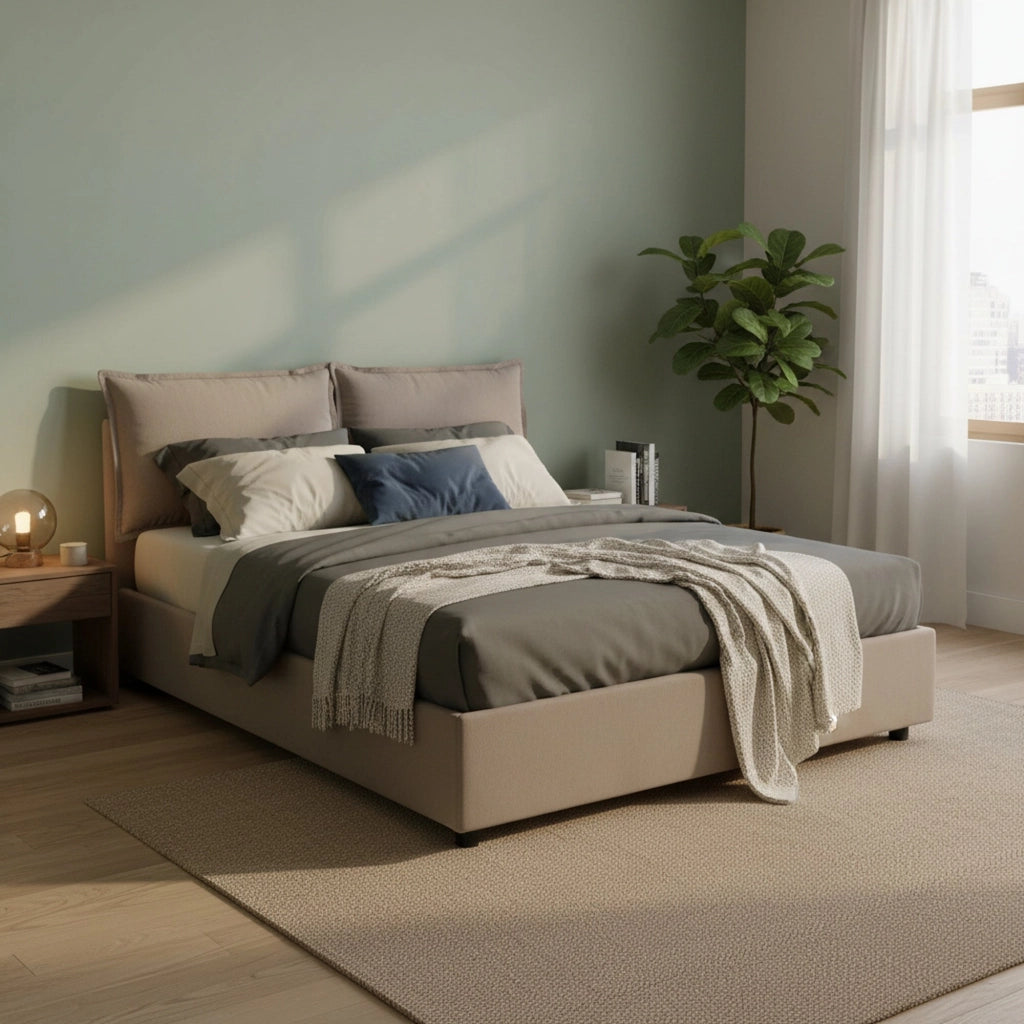 Letto matrimoniale Askari, Letto contenitore con rivestimento in tessuto, Made in Italy, Apertura frontale, adatto per materasso cm 140x190, Tortora