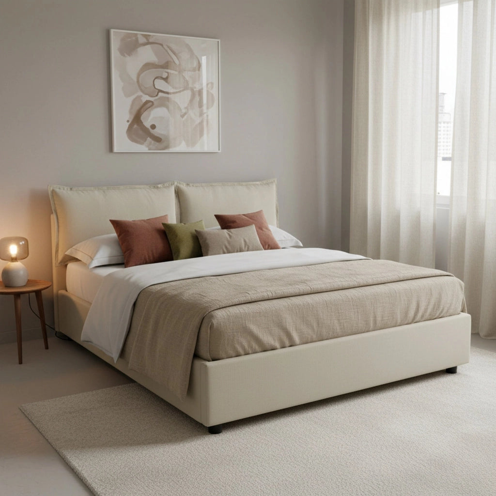 Letto matrimoniale Askari, Letto contenitore con rivestimento in tessuto, Made in Italy, Apertura frontale, adatto per materasso cm 140x190, Beige