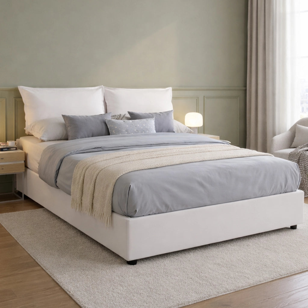 Letto matrimoniale Asler, Letto contenitore con rivestimento in ecopelle, Made in Italy, Apertura frontale, adatto per materasso cm 140x200, Bianco