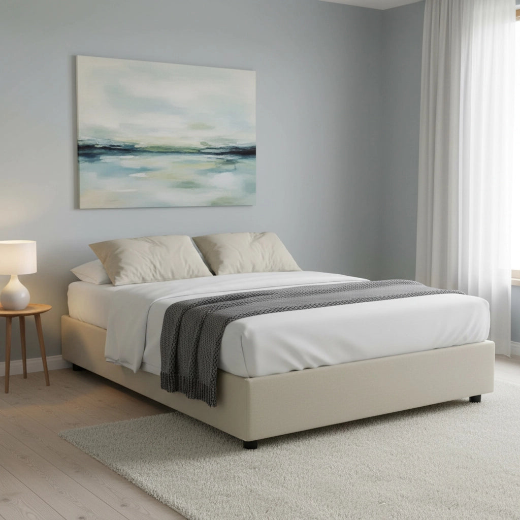 Letto matrimoniale Attilino, Letto contenitore con rivestimento in tessuto, Made in Italy, Apertura frontale, adatto per materasso cm 140x190, Beige