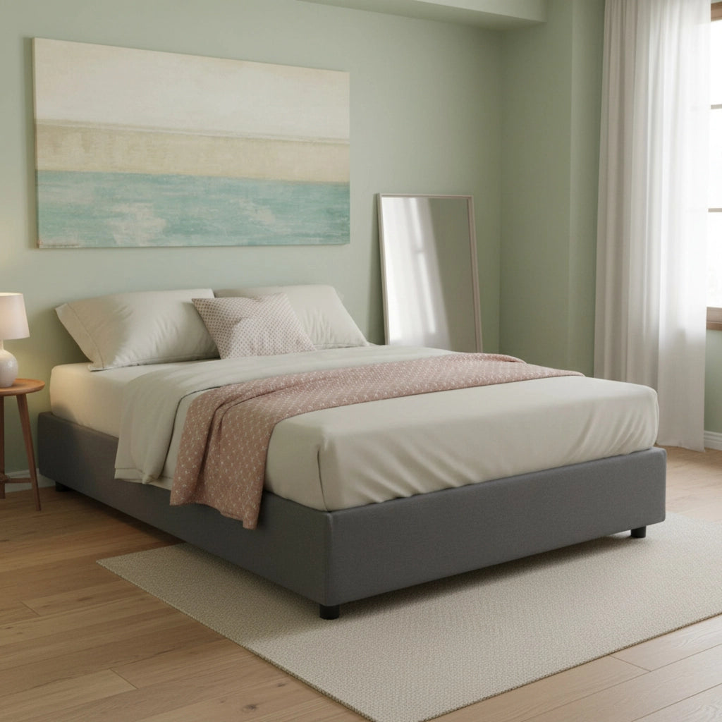 Letto matrimoniale Attilino, Letto contenitore con rivestimento in tessuto, Made in Italy, Apertura frontale, adatto per materasso cm 140x190, Grigio