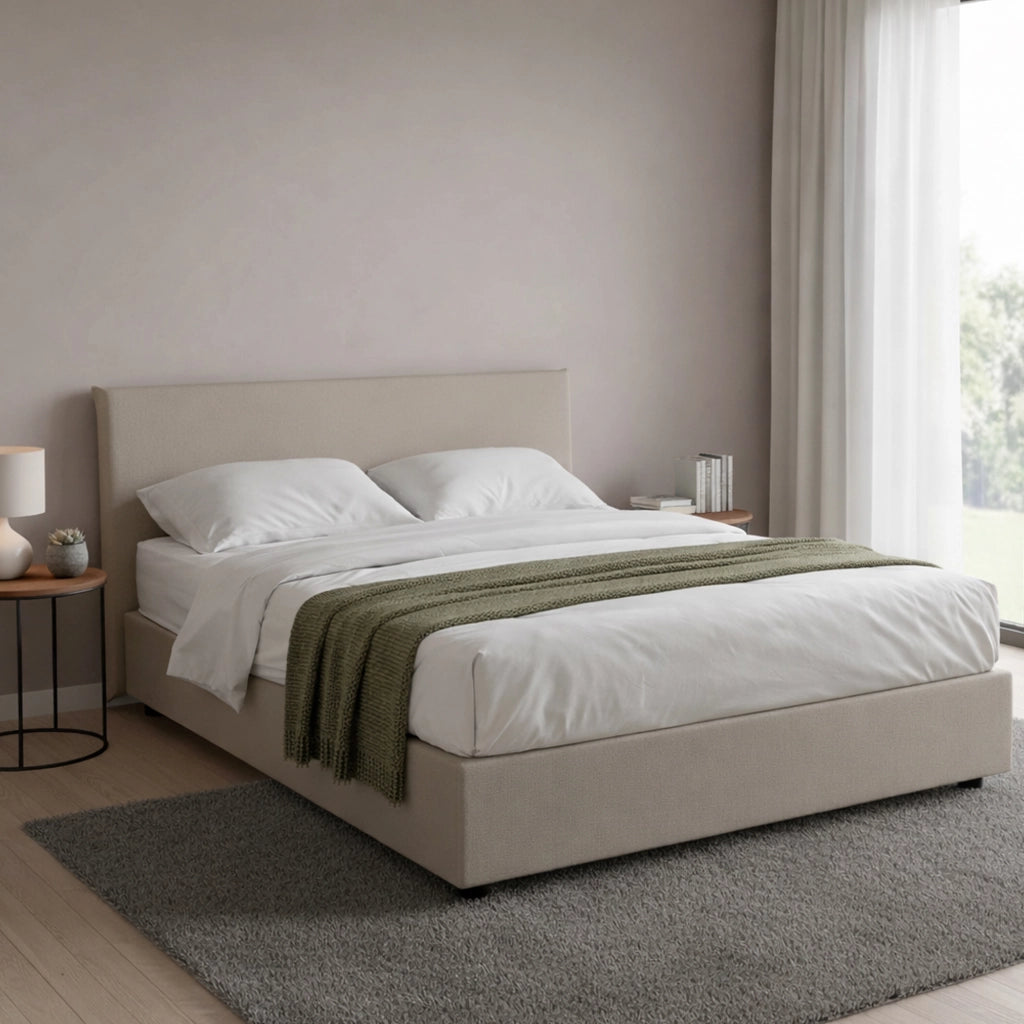 Letto matrimoniale Morganite, Letto contenitore con rivestimento in ecopelle, Made in Italy, Apertura frontale, con materasso cm 140x200 incluso, Tortora