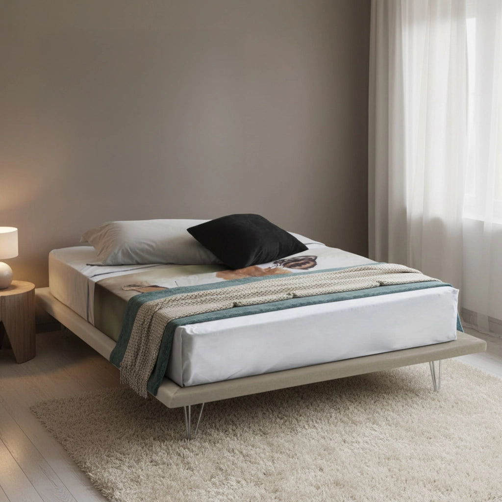 Letto matrimoniale Pietersite, Letto fisso in tessuto con piedini, Made in Italy, adatto per materasso cm 160x200, Beige