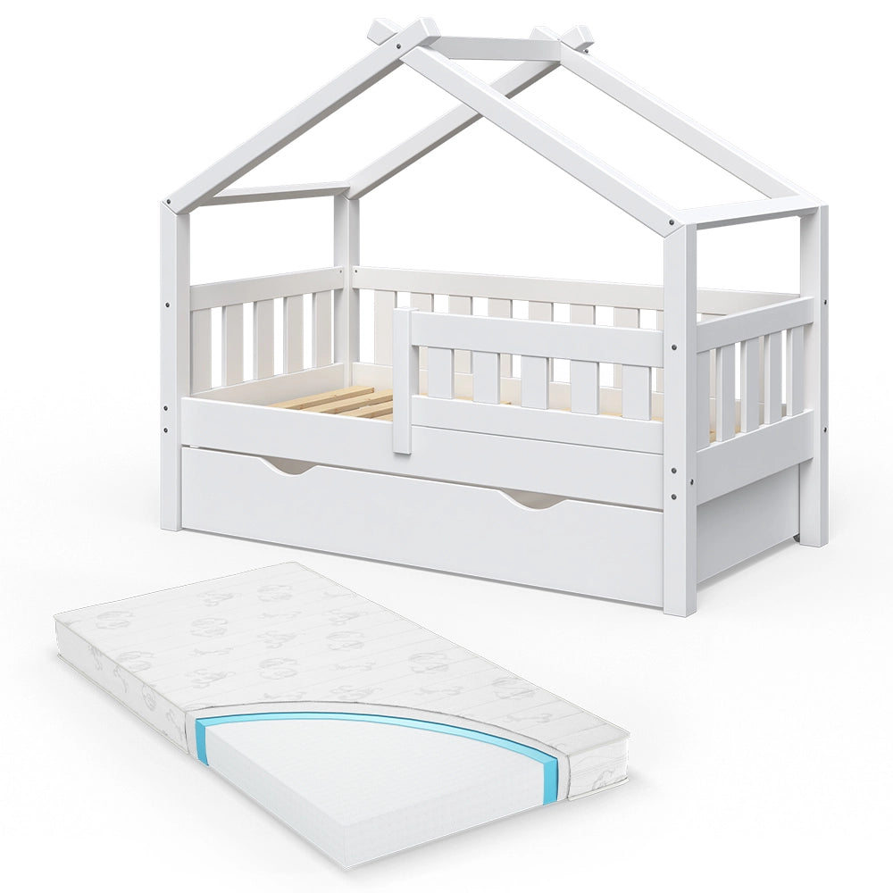 Letto montessori bambini Design Bianco 70x140 cm con cassetto e materasso Vitalispa