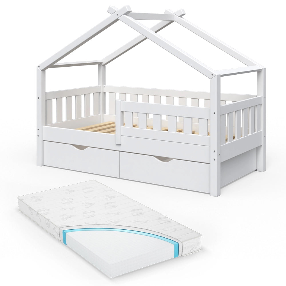 Letto montessori bambini Design Bianco 80x160 cm con 2 cassetti e materasso Vitalispa