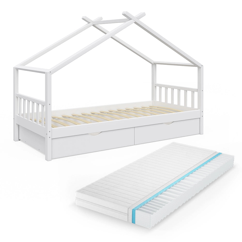 Letto montessori bambini Design Bianco 90x200 cm con 2 cassetti e materasso Vitalispa