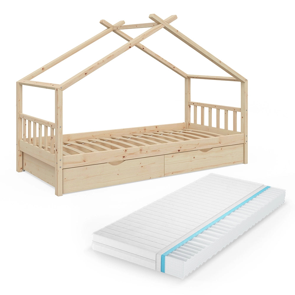 Letto montessori bambini Design Legno 90x200 cm con 2 cassetti e materasso Vitalispa