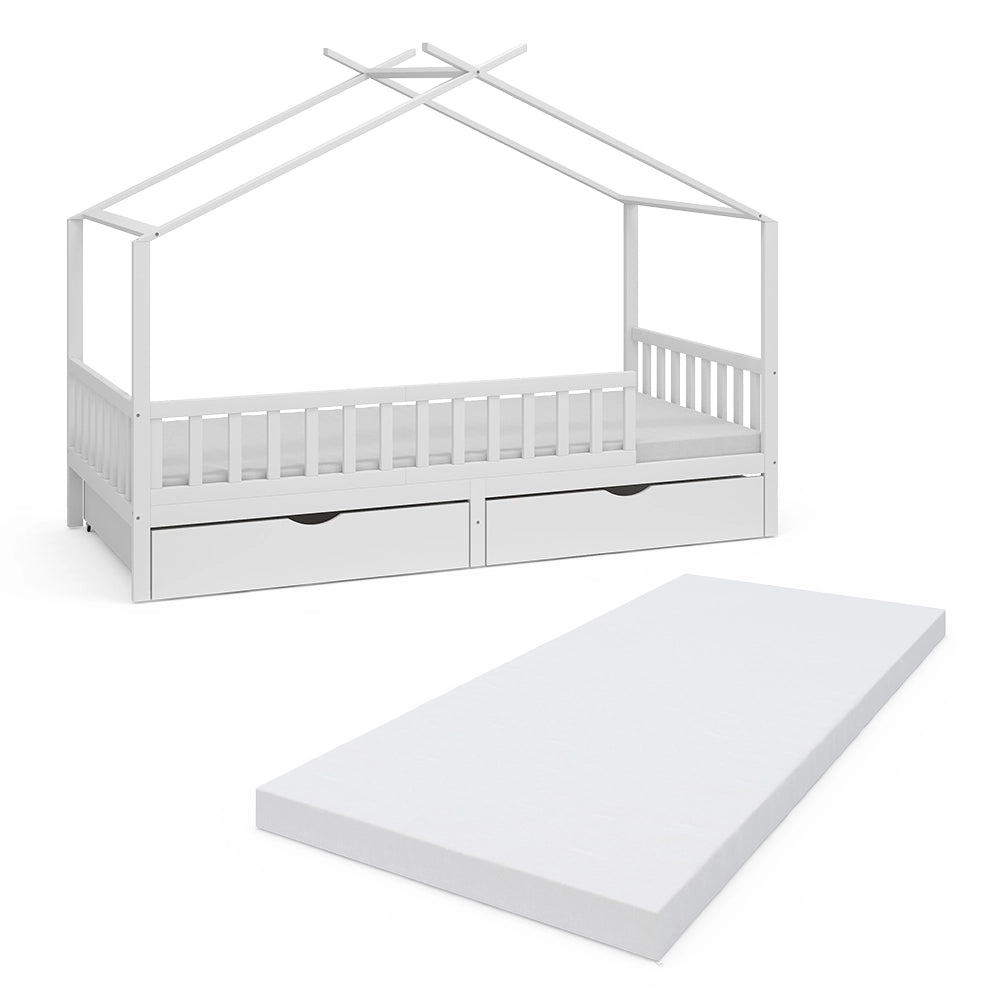 Letto montessori bambini Franka Bianco 90x200 cm con 2 cassetti e materasso Vitalispa