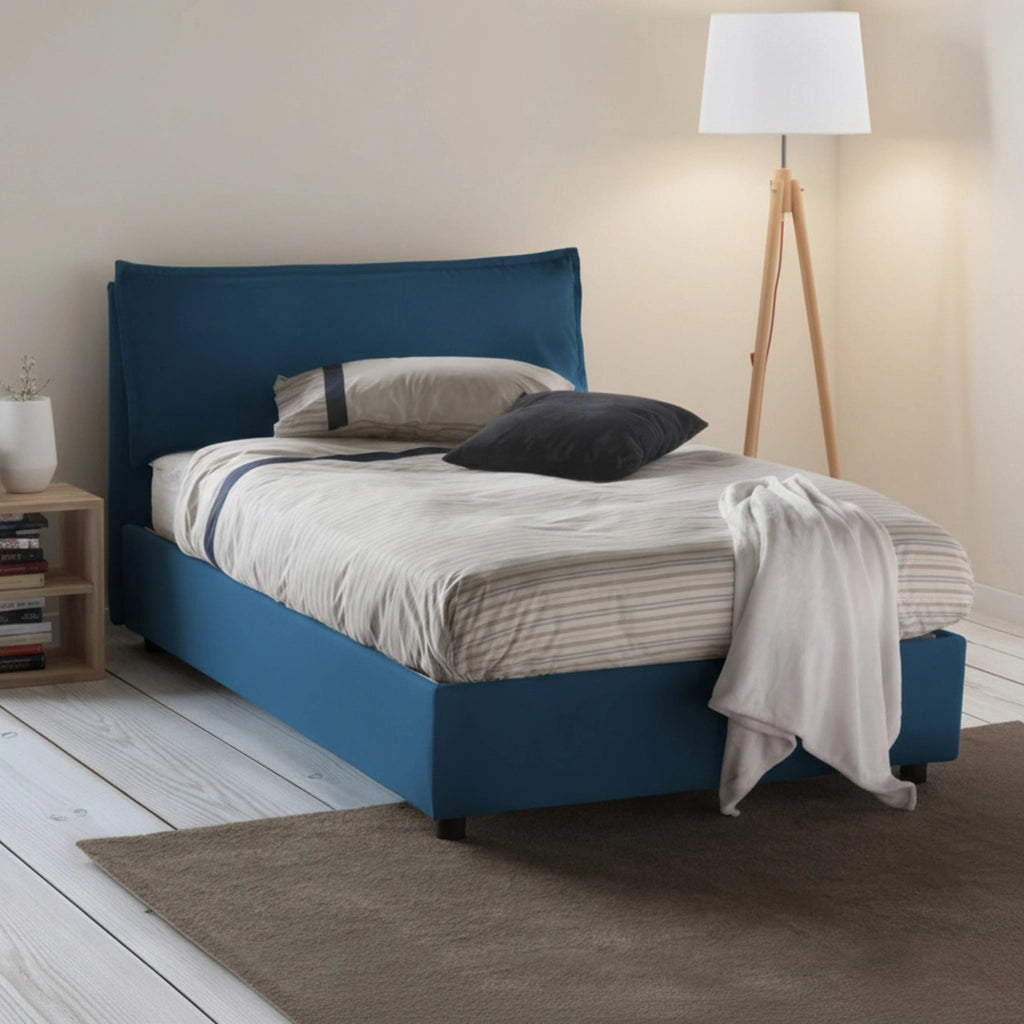 Letto piazza e mezza Asso, Letto contenitore con rivestimento in tessuto, Made in Italy, Apertura frontale, adatto per materasso cm 120x190, Blu