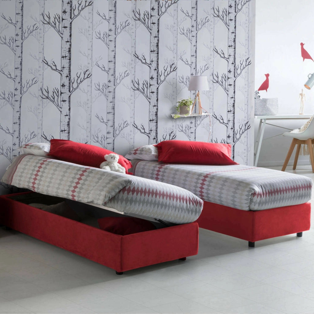 Letto singolo Abbi, Letto contenitore con rivestimento in tessuto, Made in Italy, Apertura laterale, con materasso cm 80x190 incluso, Rosso