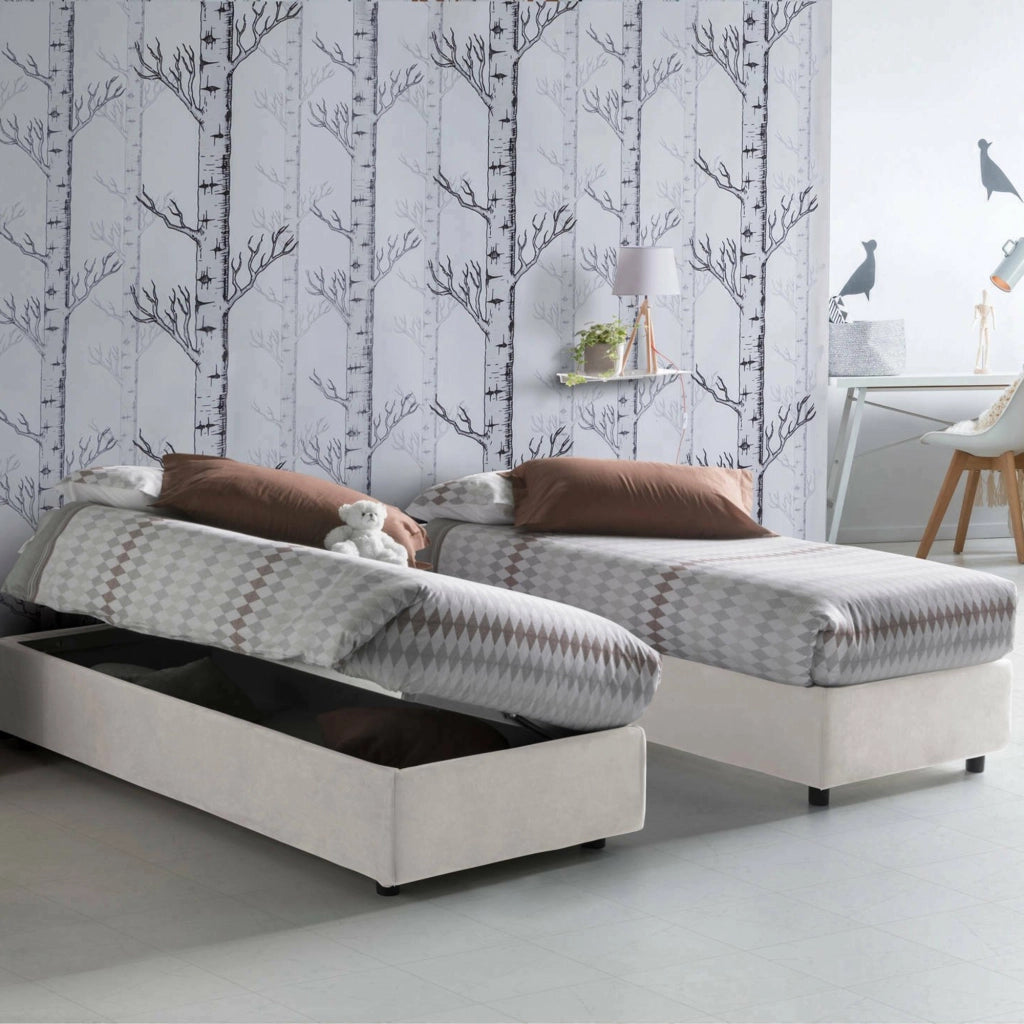 Letto singolo Abbi, Letto contenitore con rivestimento in tessuto, Made in Italy, Apertura laterale, con materasso cm 80x190 incluso, Bianco