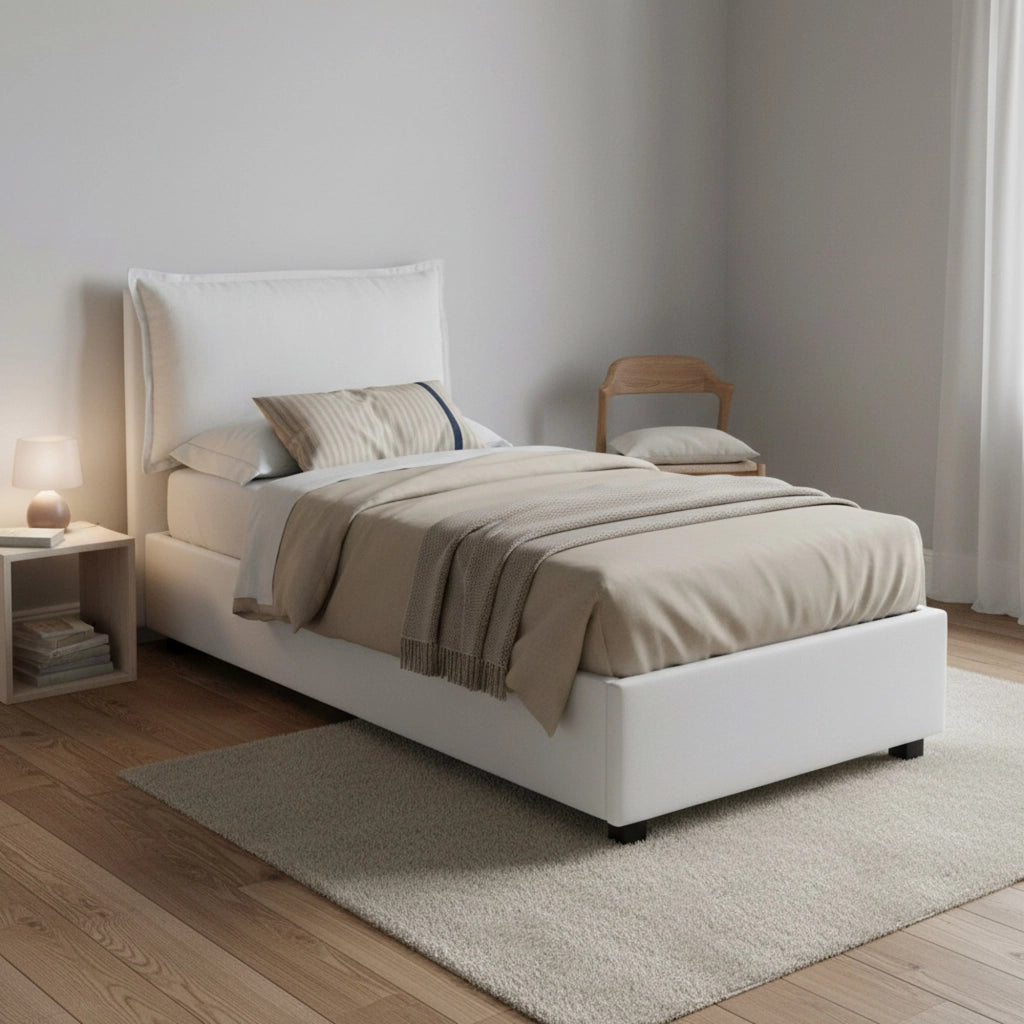 Letto singolo Abroghat, Letto contenitore con rivestimento in tessuto, Made in Italy, Apertura frontale, adatto per materasso cm 90x200, Bianco