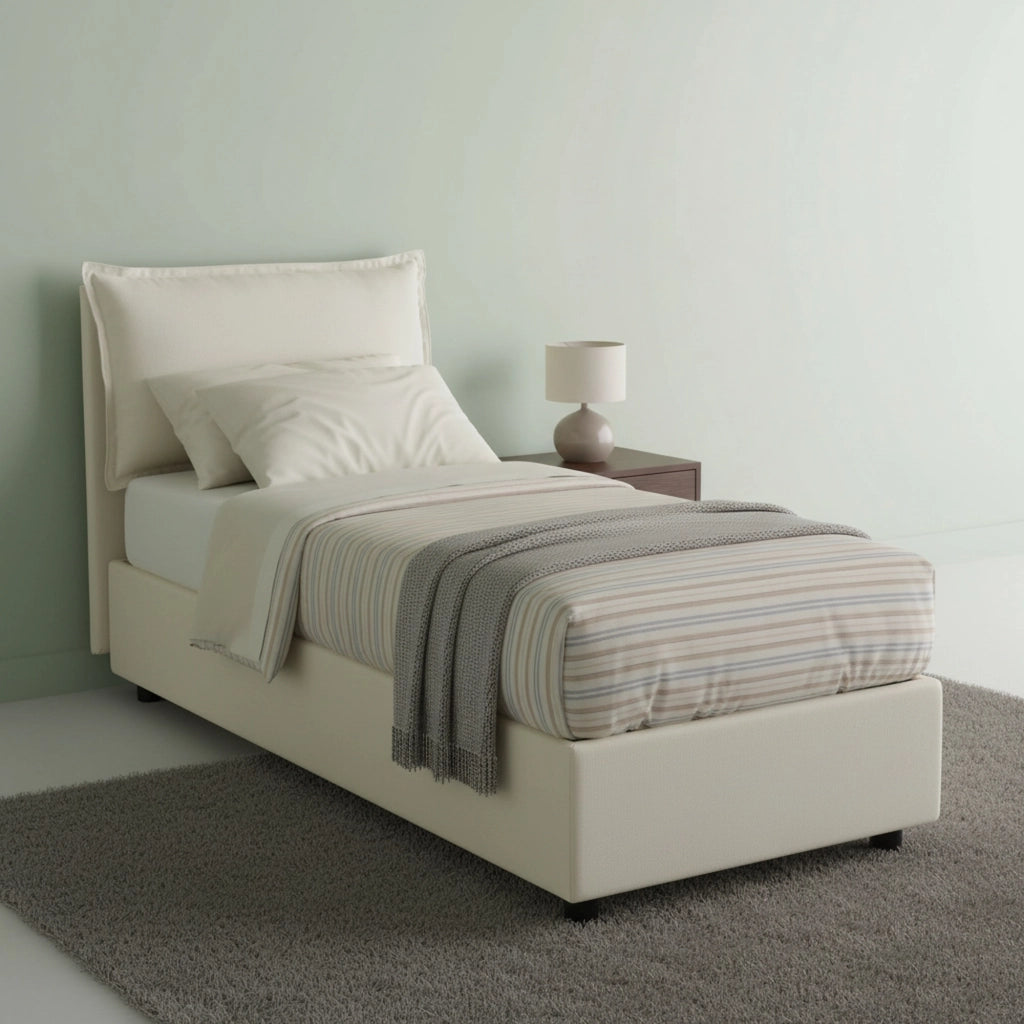 Letto singolo Abroghat, Letto contenitore con rivestimento in tessuto, Made in Italy, Apertura frontale, adatto per materasso cm 90x200, Beige