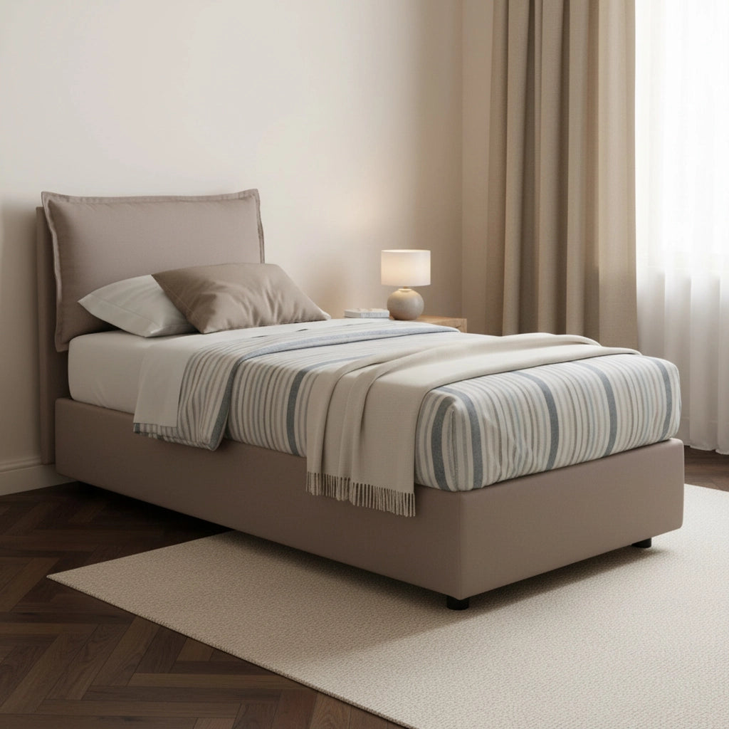 Letto singolo Abroghat, Letto contenitore con rivestimento in tessuto, Made in Italy, Apertura frontale, adatto per materasso cm 90x200, Tortora