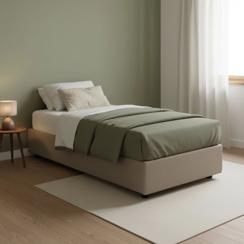 Letto singolo Acetico, Letto contenitore con rivestimento in tessuto, Made in Italy, Apertura frontale, adatto per materasso cm 90x200, Tortora
