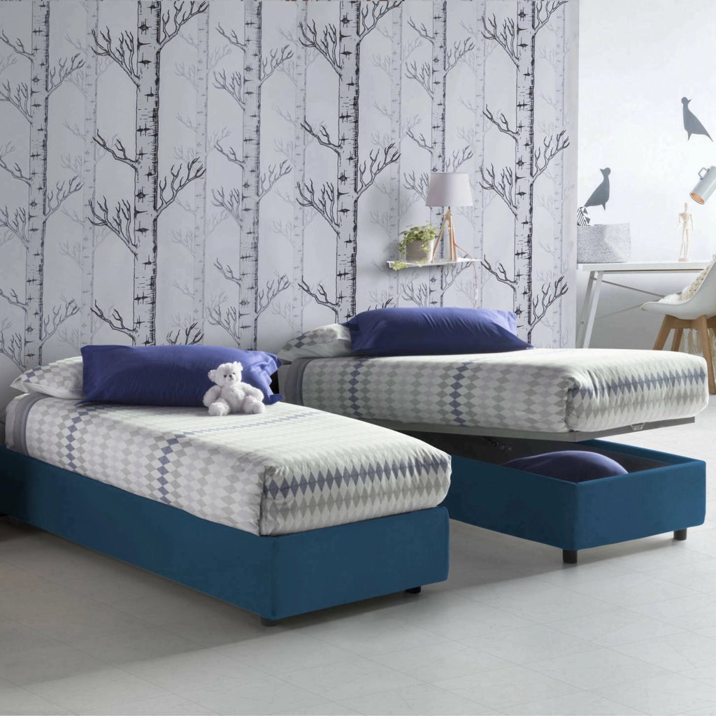 Letto singolo Acetico, Letto contenitore con rivestimento in tessuto, Made in Italy, Apertura frontale, adatto per materasso cm 90x200, Blu