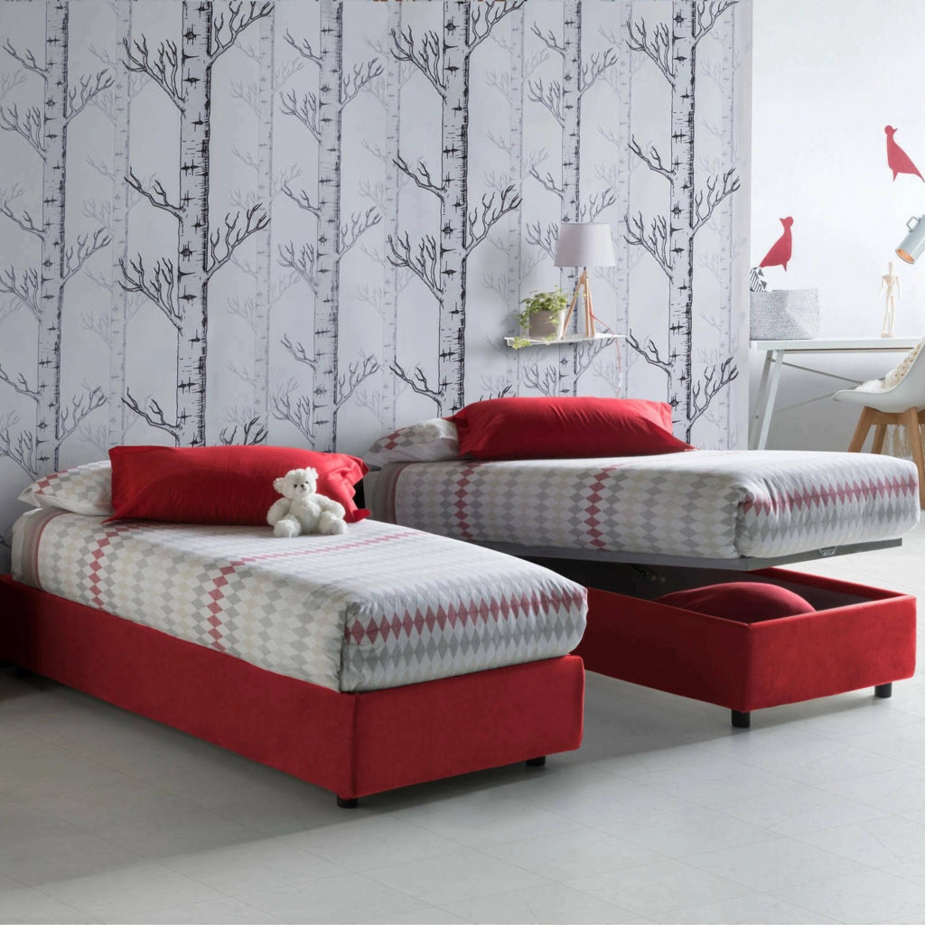 Letto singolo Acrostico, Letto contenitore con rivestimento in tessuto, Made in Italy, Apertura frontale, adatto per materasso cm 90x190, Rosso