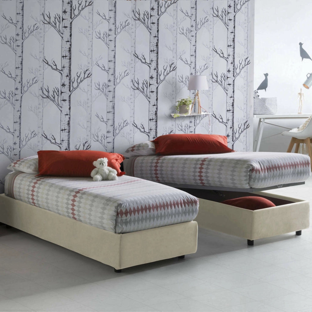 Letto singolo Acrostico, Letto contenitore con rivestimento in tessuto, Made in Italy, Apertura frontale, adatto per materasso cm 90x190, Beige