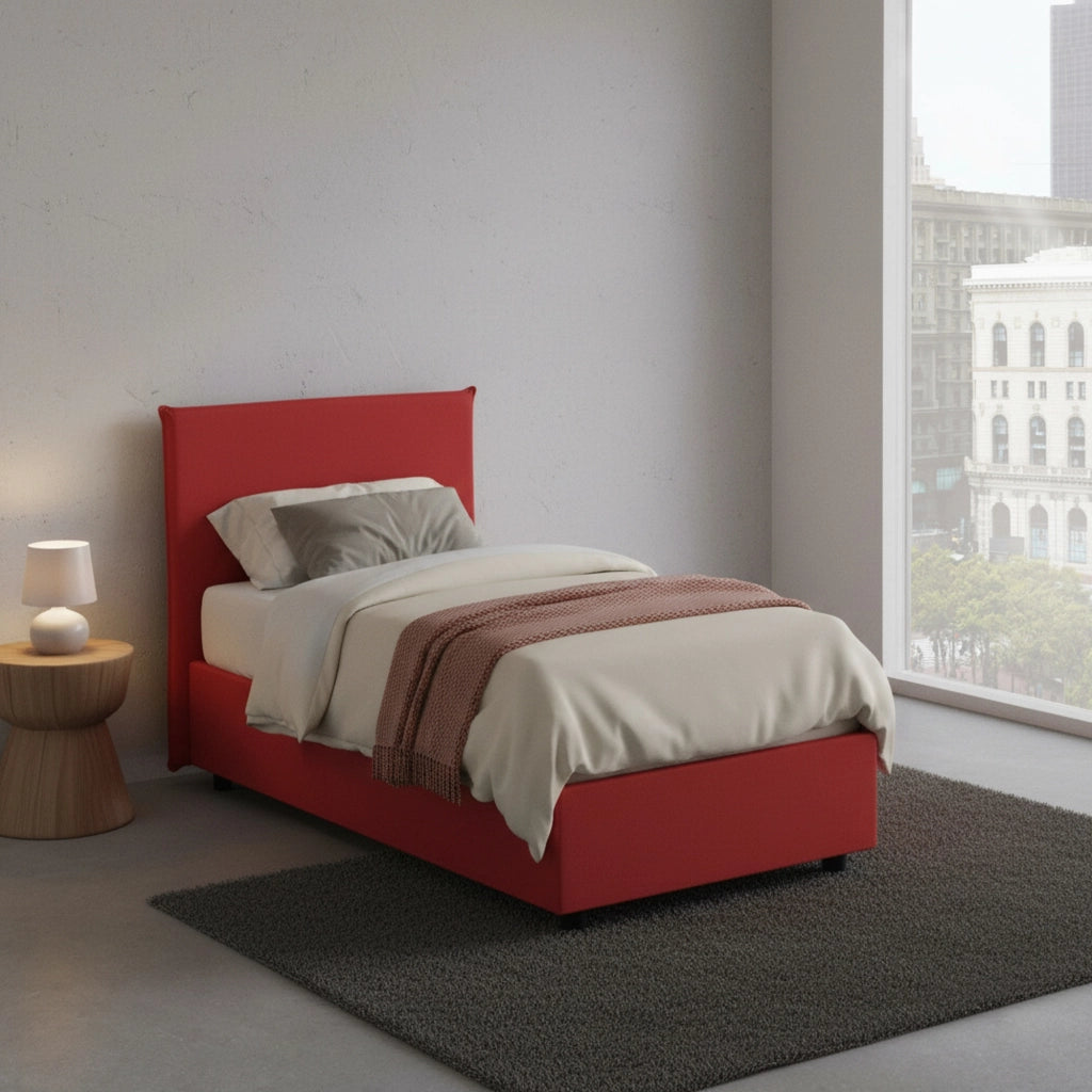 Letto singolo Acuila, Letto contenitore con rivestimento in tessuto, Made in Italy, Apertura laterale, adatto per materasso cm 80x190, Rosso