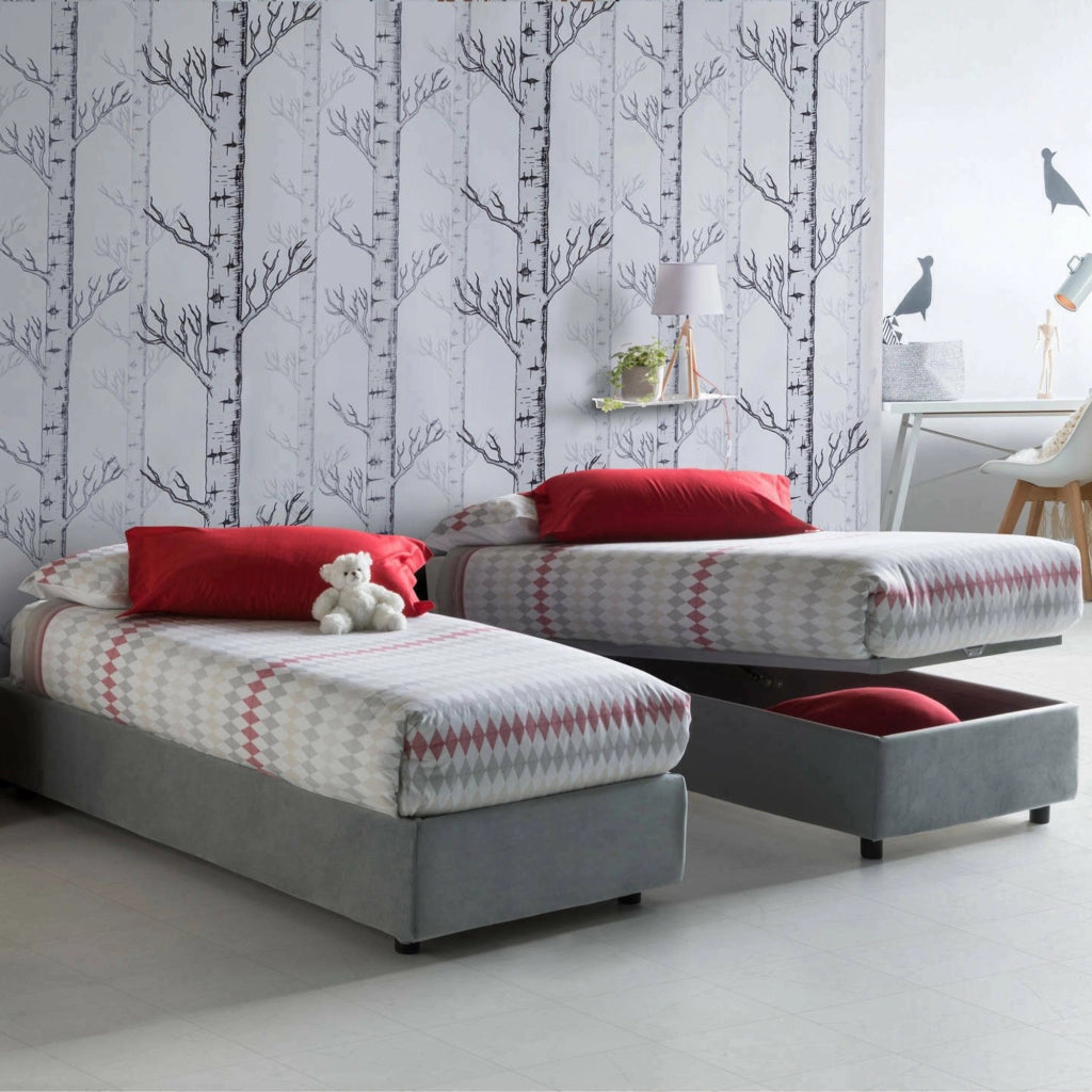 Letto singolo Addison, Letto contenitore con rivestimento in tessuto, Made in Italy, Apertura frontale, con materasso cm 90x190 incluso, Grigio