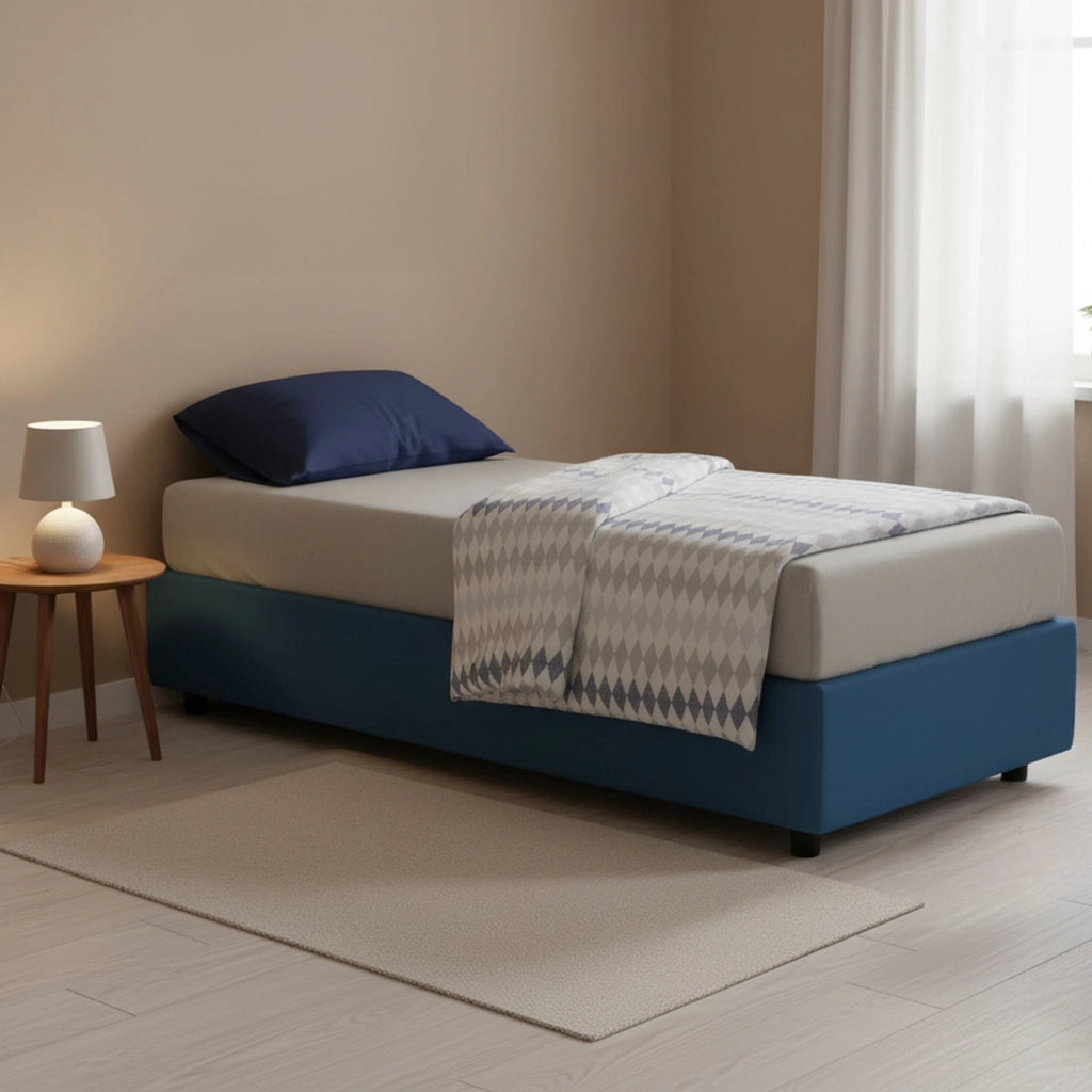 Letto singolo Addison, Letto contenitore con rivestimento in tessuto, Made in Italy, Apertura frontale, con materasso cm 90x190 incluso, Blu