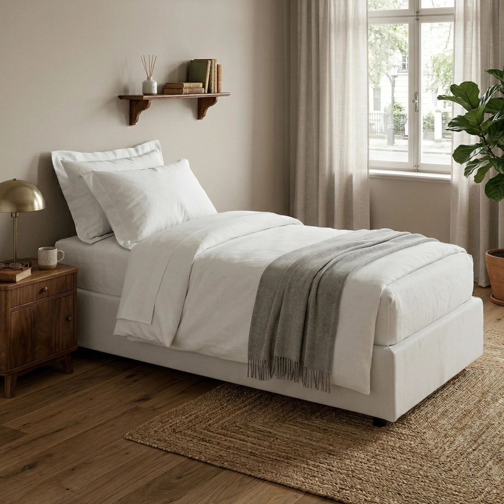 Letto singolo Addison, Letto contenitore con rivestimento in tessuto, Made in Italy, Apertura frontale, con materasso cm 90x190 incluso, Bianco