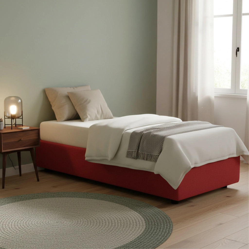 Letto singolo Addison, Letto contenitore con rivestimento in tessuto, Made in Italy, Apertura frontale, con materasso cm 90x190 incluso, Rosso
