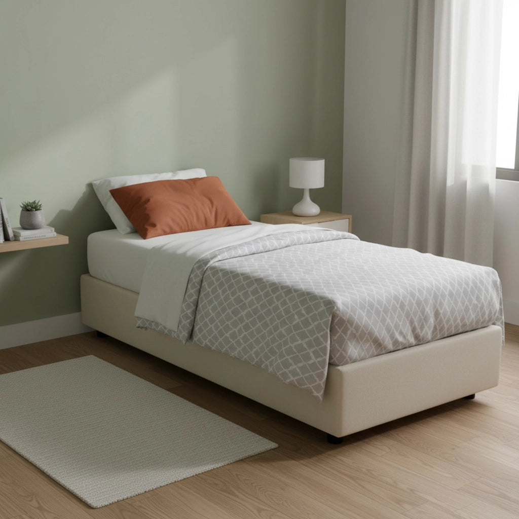 Letto singolo Addison, Letto contenitore con rivestimento in tessuto, Made in Italy, Apertura frontale, con materasso cm 90x190 incluso, Beige