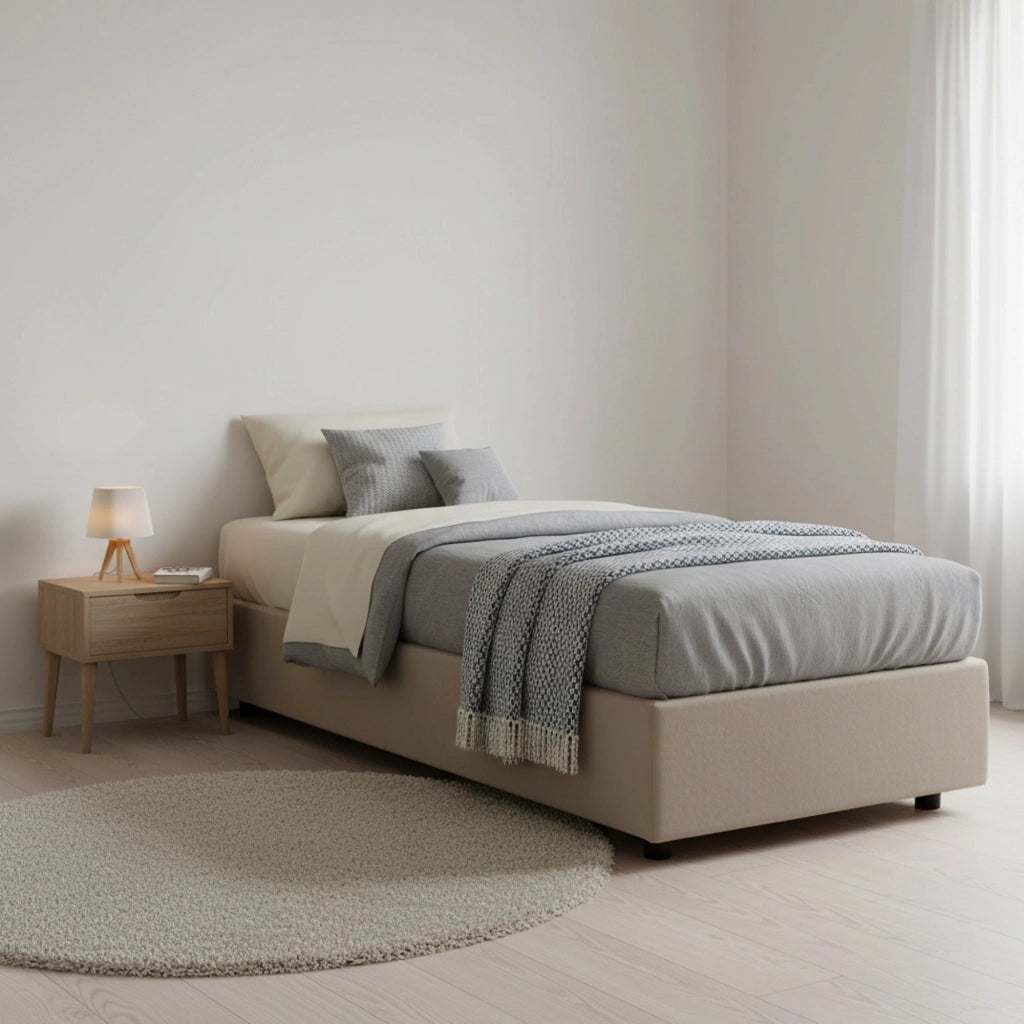 Letto singolo Addison, Letto contenitore con rivestimento in tessuto, Made in Italy, Apertura frontale, con materasso cm 90x190 incluso, Tortora