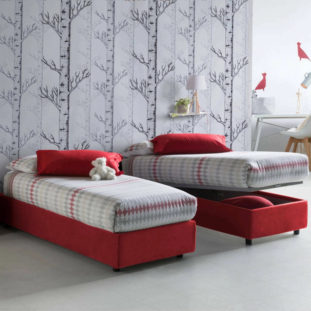Letto singolo Agenta, Letto contenitore con rivestimento in tessuto, Made in Italy, Apertura frontale, con materasso cm 80x190 incluso, Rosso
