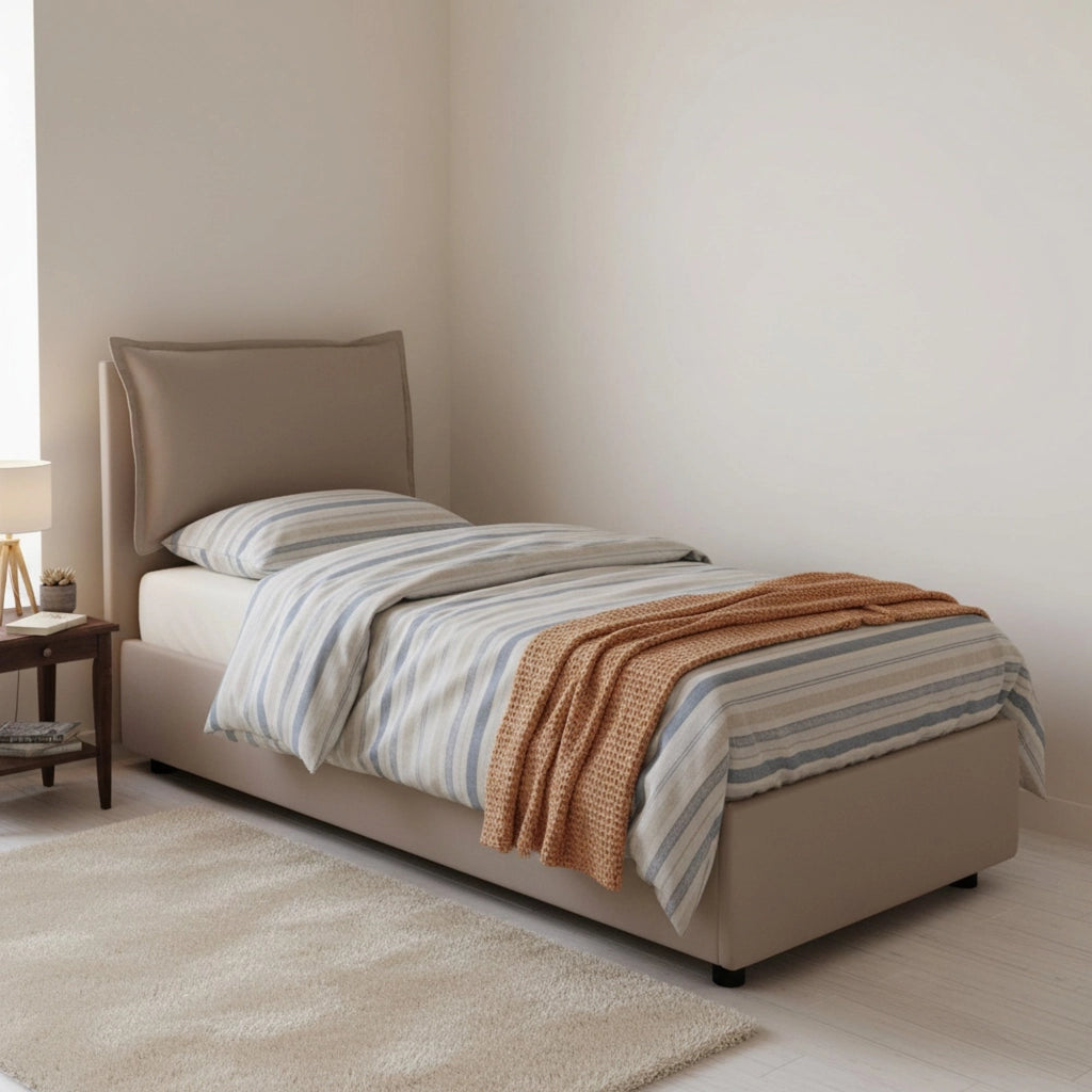 Letto singolo Aigor, Letto contenitore con rivestimento in tessuto, Made in Italy, Apertura frontale, adatto per materasso cm 90x190, Tortora