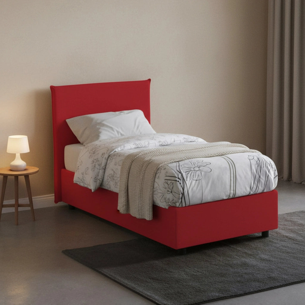 Letto singolo Ajan, Letto contenitore con rivestimento in tessuto, Made in Italy, Apertura frontale, adatto per materasso cm 90x190, Rosso