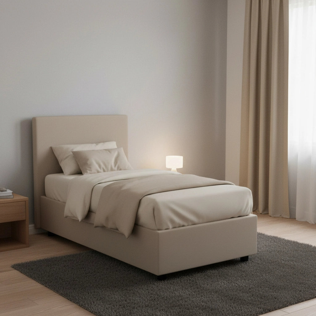 Letto singolo Albia, Letto contenitore con rivestimento in ecopelle, Made in Italy, Apertura frontale, con materasso cm 90x200 incluso, Tortora Letto singolo Albia, Letto contenitore con rivestimento in ecopelle, Made in Italy, Apertura frontale, con materasso cm 90x200 incluso, Tortora
