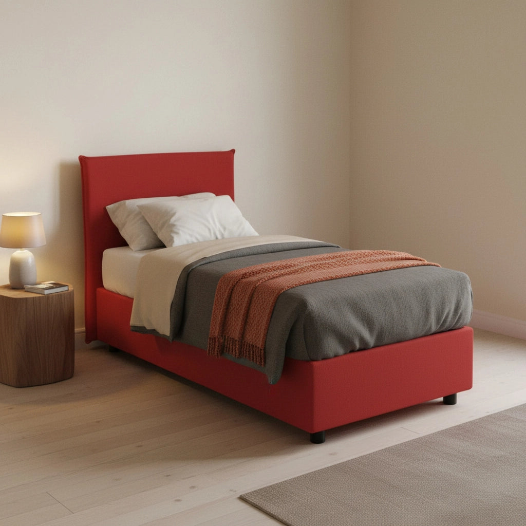 Letto singolo Alder, Letto contenitore con rivestimento in tessuto, Made in Italy, Apertura frontale, adatto per materasso cm 90x200, Rosso