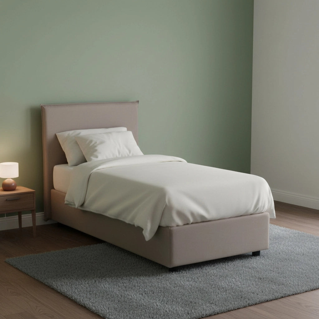 Letto singolo Alder, Letto contenitore con rivestimento in tessuto, Made in Italy, Apertura frontale, adatto per materasso cm 90x200, Tortora