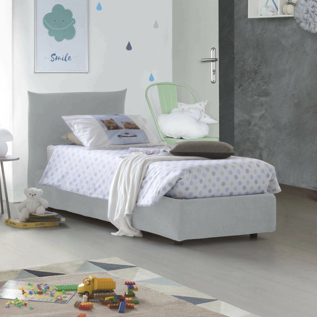 Letto singolo Alisech, Letto contenitore con rivestimento in tessuto, Made in Italy, Apertura laterale, adatto per materasso cm 80x190, Bianco