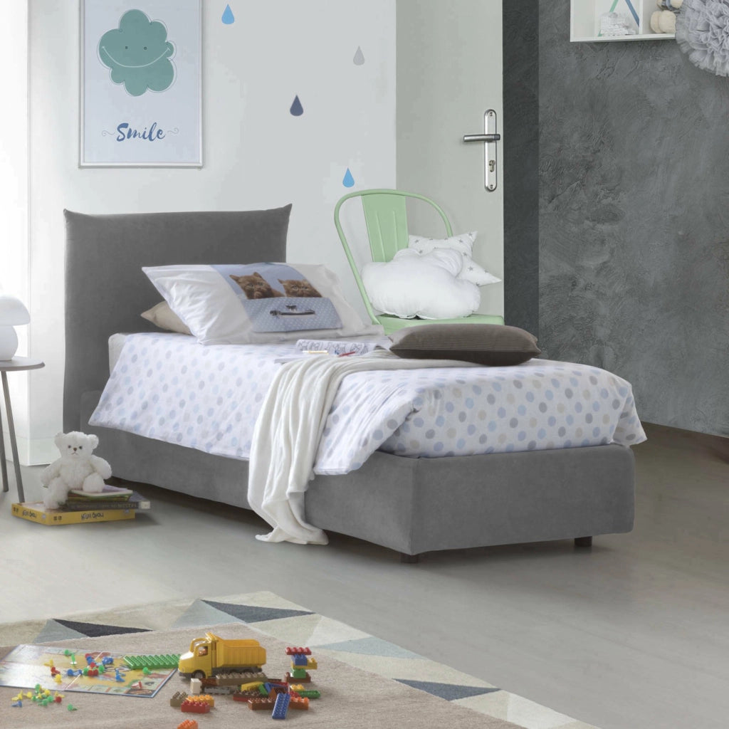 Letto singolo Alisech, Letto contenitore con rivestimento in tessuto, Made in Italy, Apertura laterale, adatto per materasso cm 80x190, Grigio