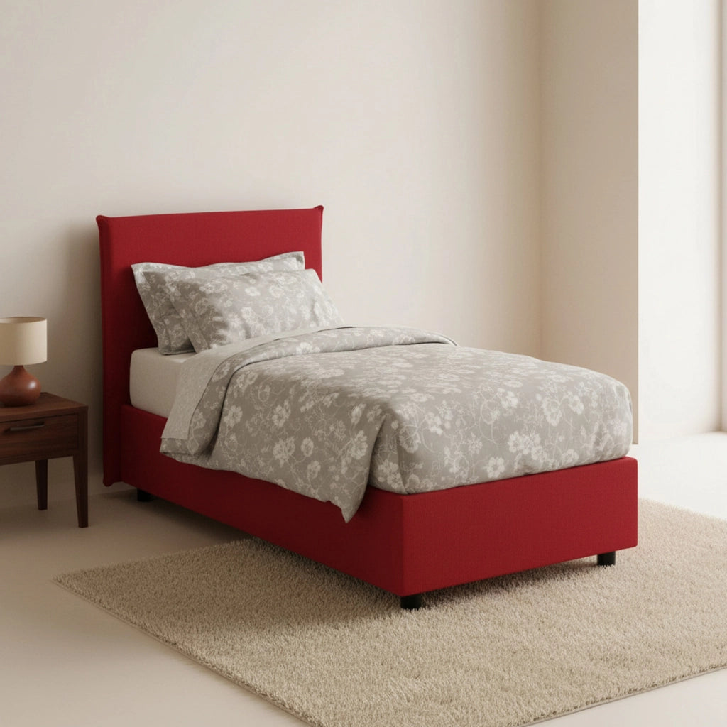 Letto singolo Alison, Letto contenitore con rivestimento in tessuto, Made in Italy, Apertura frontale, con materasso cm 90x200 incluso, Rosso