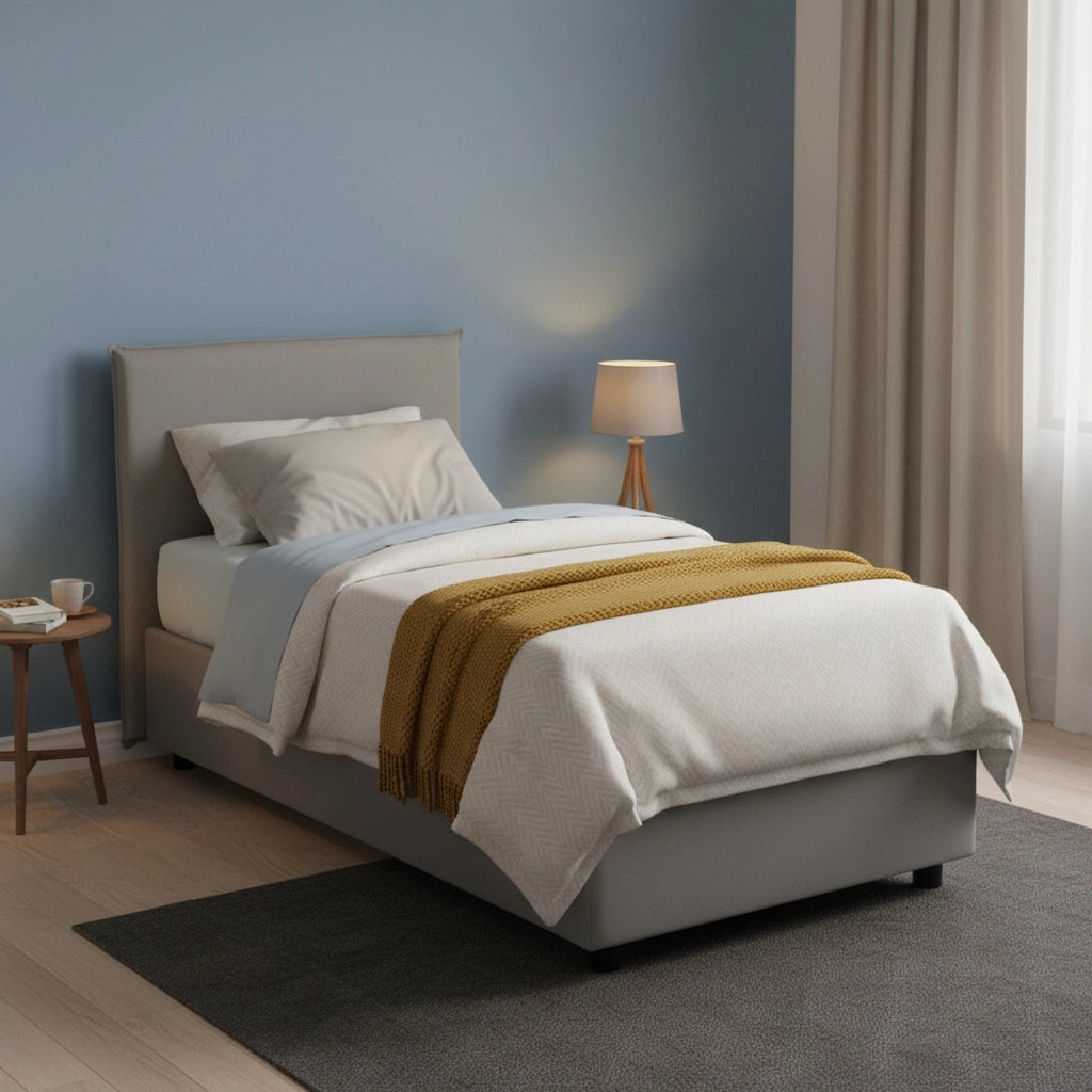 Letto singolo Alison, Letto contenitore con rivestimento in tessuto, Made in Italy, Apertura frontale, con materasso cm 90x200 incluso, Grigio